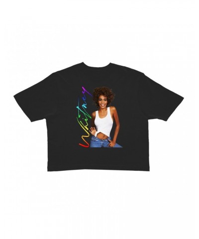 Whitney Houston Ladies' Crop Tee | 1987 Album Photo Rainbow Signature Image Crop T-shirt $4.32 Shirts