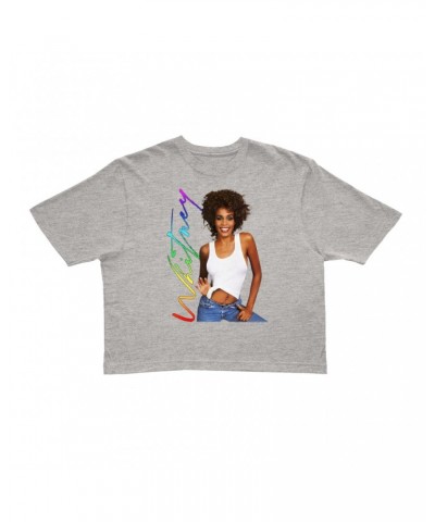 Whitney Houston Ladies' Crop Tee | 1987 Album Photo Rainbow Signature Image Crop T-shirt $4.32 Shirts