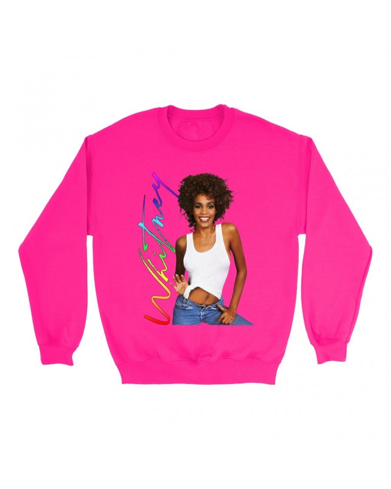 Whitney Houston Bright Colored Sweatshirt | 1987 Album Photo Rainbow Signature Image Sweatshirt $11.77 Sweatshirts