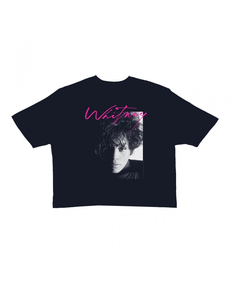 Whitney Houston Ladies' Crop Tee | Dramatic Lighting Photo And Pink Signature Image Crop T-shirt $5.64 Shirts