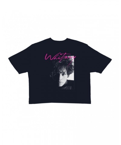 Whitney Houston Ladies' Crop Tee | Dramatic Lighting Photo And Pink Signature Image Crop T-shirt $5.64 Shirts